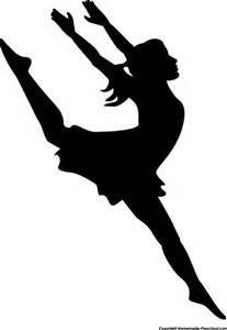 A silhouette of a dancer in mid-leap, wearing a dress and with arms raised high.