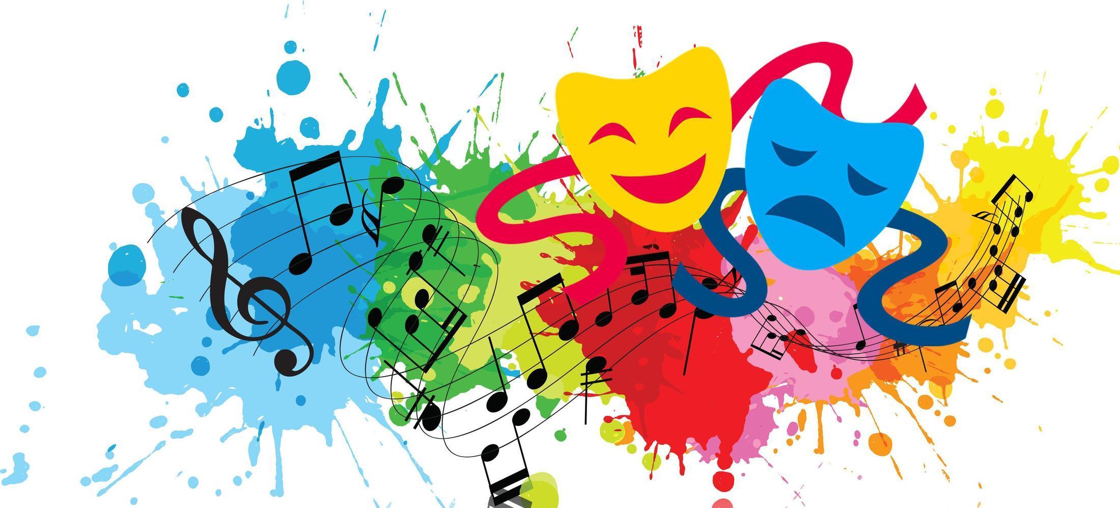 A colorful illustration featuring musical notes and two theatrical masks, one smiling and one frowning, set against a vibrant splash of colors.