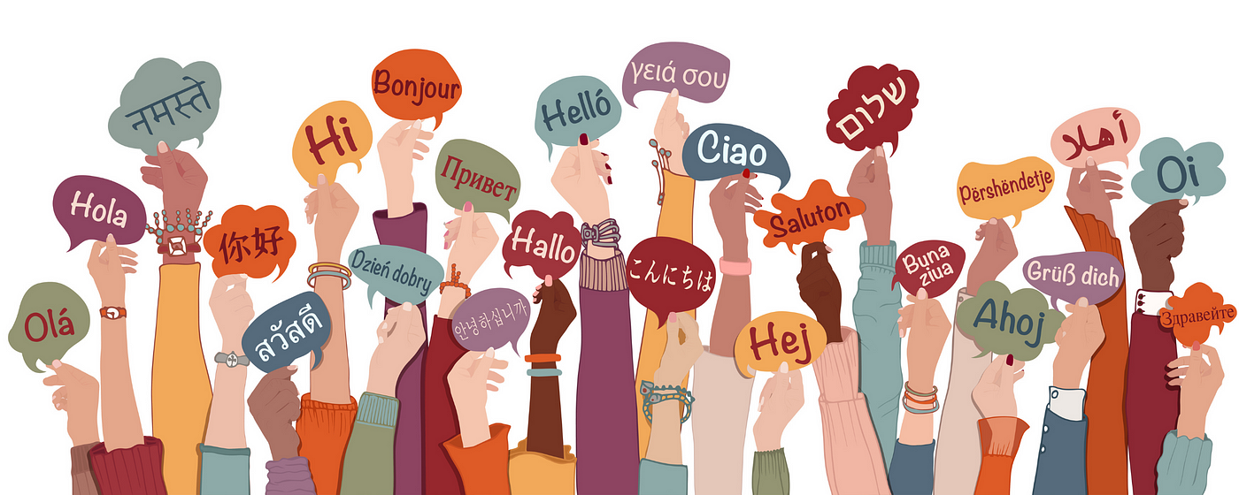 A diverse group of hands raised in the air, each holding speech bubbles with greetings in various languages, symbolizing global communication and inclusivity.