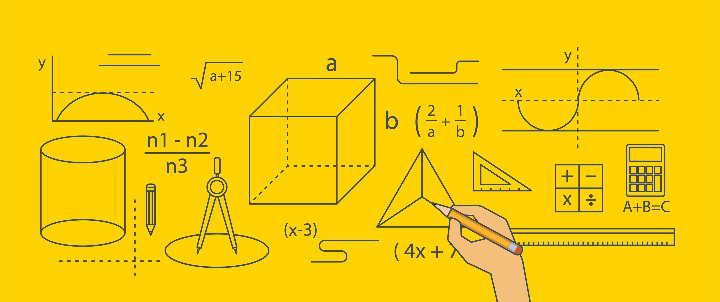 An illustration featuring various mathematical concepts, including geometric shapes like a cylinder and cube, equations, and a hand drawing a pyramid, all set against a bright yellow background.