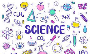 A colorful illustration featuring various science-related symbols and icons, including a DNA strand, beakers, planets, and the word 'SCIENCE' prominently displayed in the center.