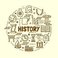 A circular arrangement of various historical symbols, including a globe, hourglass, books, and ancient artifacts, with the word 'HISTORY' prominently displayed in the center.