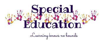 A decorative banner featuring the words 'Special Education' in bold letters, accompanied by colorful handprints and the phrase 'Learning knows no bounds' below.