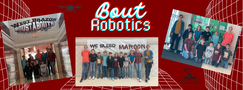 A collage featuring a robotics team, including a group photo with the slogan 'We Bleed Martians,' and images of team members at a robotics event.