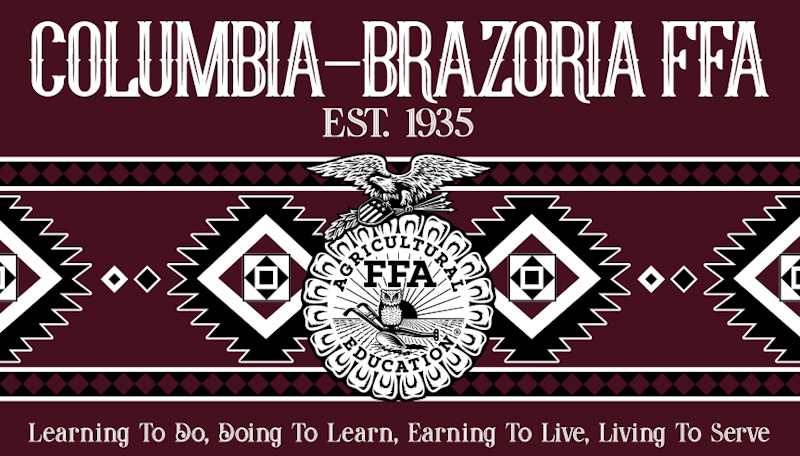 A graphic design featuring the text 'COLUMBIA-BRAZORIA FFA EST. 1935' along with an emblem and decorative patterns, emphasizing the theme of agricultural education.