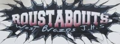 A stylized graphic featuring the word 'ROUSTABOUTS' prominently displayed, with 'West Brazos J.H.S.' underneath, set against a dynamic background.