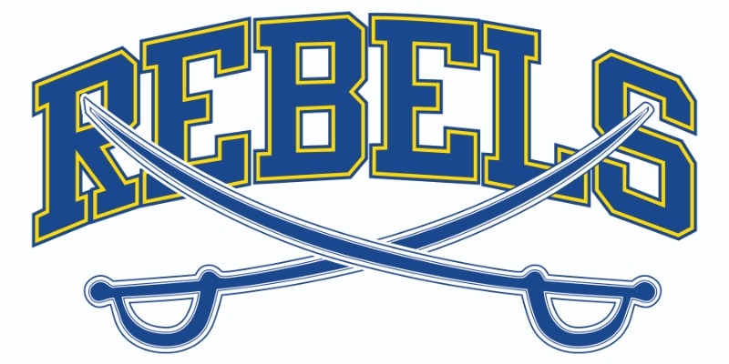 A graphic design featuring the word 'REBELS' in bold blue letters, arched over two crossed swords in blue and white.