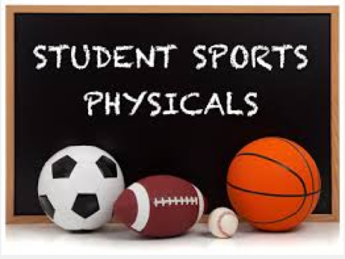 A chalkboard displays the text 'STUDENT SPORTS PHYSICALS' above various sports balls including a soccer ball, a football, a basketball, and a baseball.