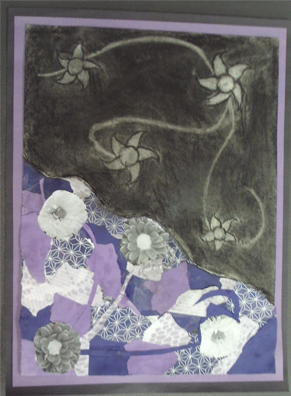 A mixed media artwork featuring a dark upper section with floral designs and a lower section composed of various purple and white patterned shapes, creating a contrast between the two halves.