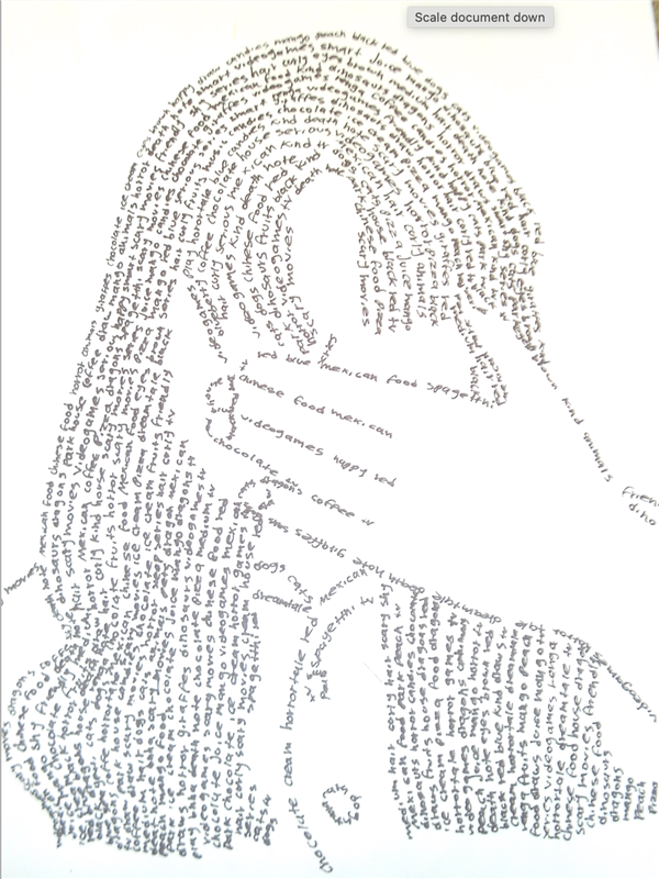 An artistic representation of a person with long hair covering their face, created entirely from text arranged to form the image.