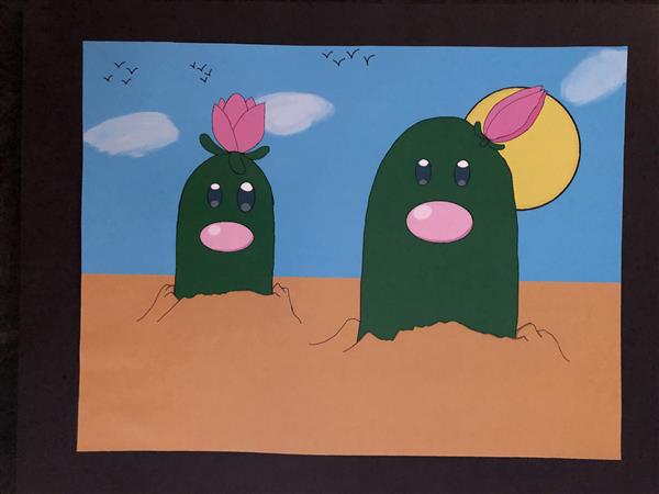 A colorful illustration featuring two cartoonish green cacti with pink flowers on top, set against a bright blue sky with a yellow sun and a sandy ground.