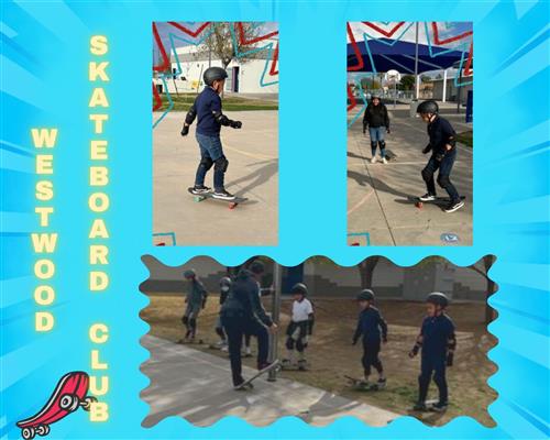 A collage of children practicing skateboarding at the Westwood Skateboard Club, featuring three images of kids in helmets riding on skateboards in a park setting.