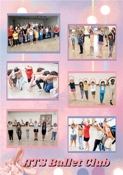 A collage of images featuring members of a ballet club posing in various dance positions and group formations, with a colorful background and the text 'ART'S Ballet Club' at the bottom.