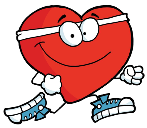 A cartoon heart character with a smiling face, wearing a headband and sneakers, is jogging energetically.