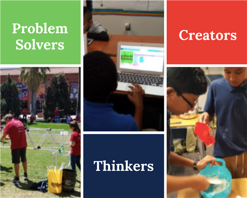 A collage featuring four sections labeled 'Problem Solvers,' 'Creators,' 'Thinkers,' and an image of children engaged in various activities such as playing outside, using a computer, and conducting experiments.