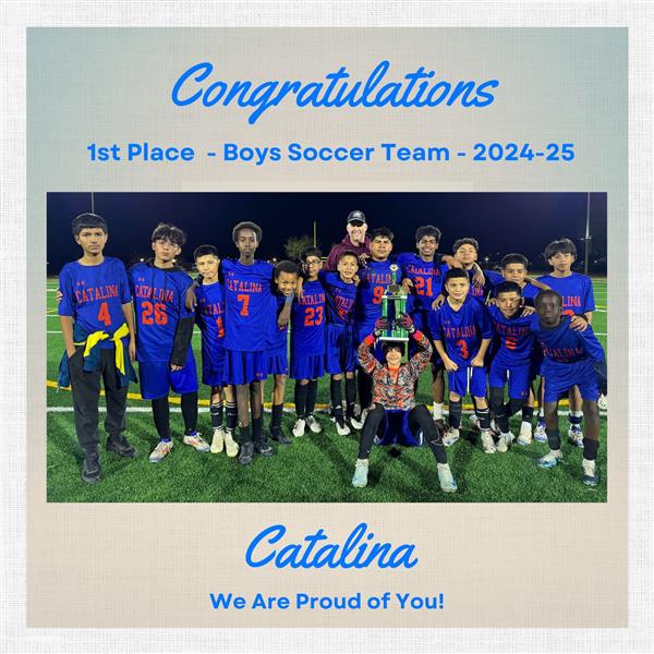 A group of young boys in blue soccer uniforms celebrate holding a trophy, with a banner that reads 'Congratulations' and '1st Place - Boys Soccer Team - 2024-25'.