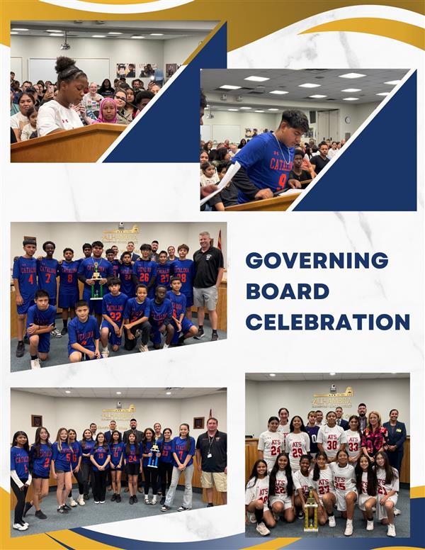 A collage of images from a Governing Board Celebration event, featuring groups of students and adults celebrating achievements, with a prominent title in the center.