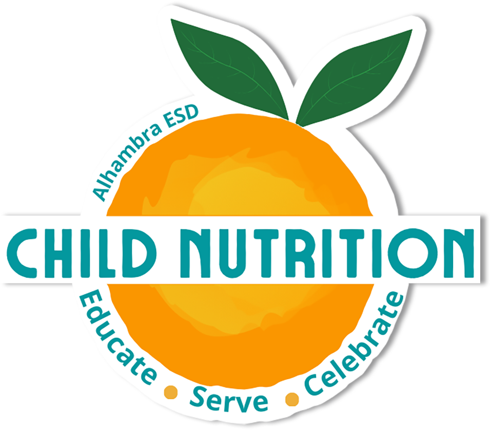 A logo featuring an orange with green leaves, surrounded by the text 'Alhambra ESD' at the top and 'CHILD NUTRITION' prominently in the center, with the words 'Educate', 'Serve', and 'Celebrate' in a circular arrangement at the bottom.