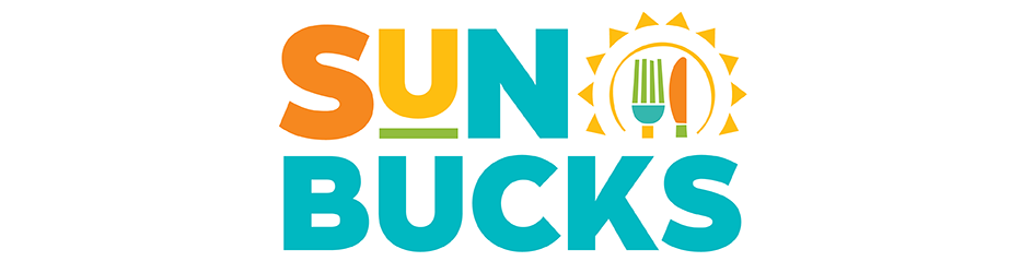 The logo for 'Sun Bucks' featuring the words in colorful letters with a sun and a fork and knife icon.