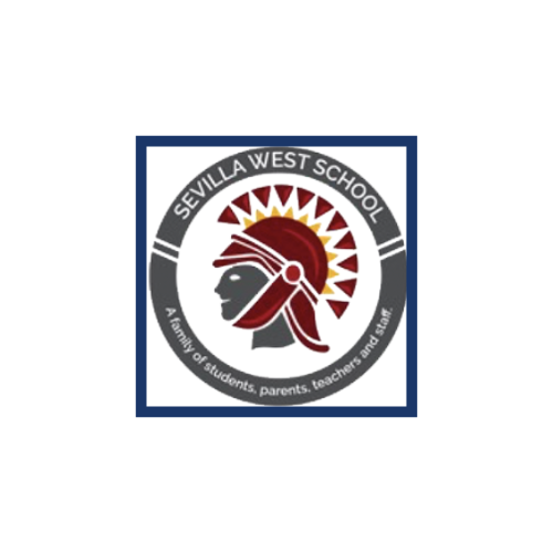 The logo of Sevilla West School featuring a stylized profile of a warrior with a red and white headdress, surrounded by a circular border with the school's name and a motto about community.