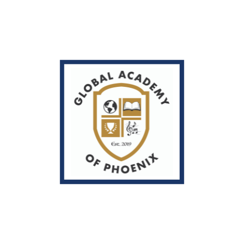 A shield-shaped logo featuring the text 'Global Academy of Phoenix' with various symbols representing education and global themes, established in 2009.