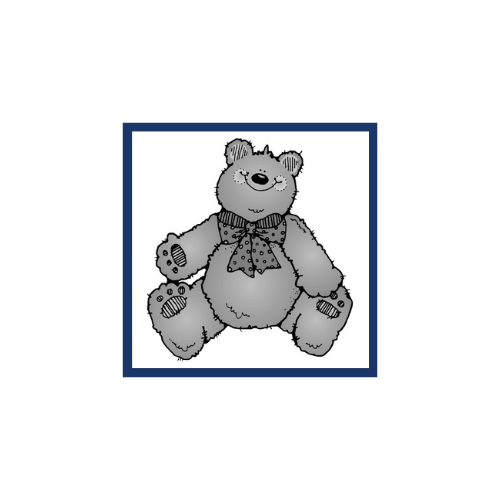 A cartoon-style gray teddy bear with a polka dot bow tie, sitting with its arms and legs spread out.