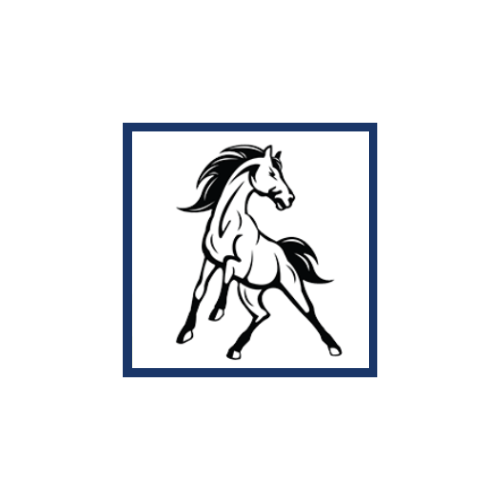A stylized black and white illustration of a horse in motion, set within a square border.