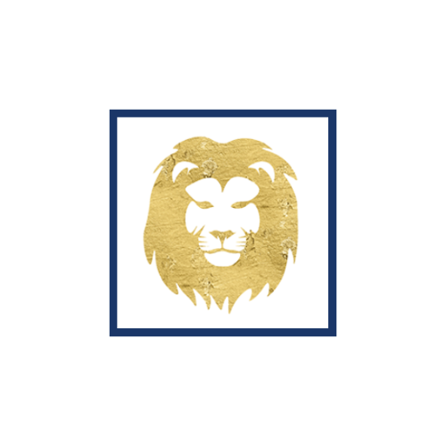 A stylized golden lion's head on a white background, framed by a blue border.