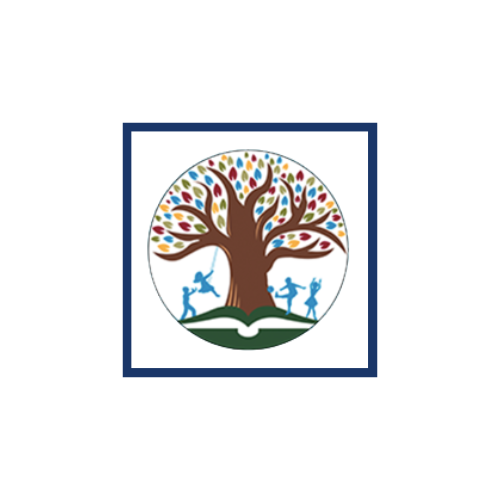 A stylized tree with colorful leaves and silhouettes of children playing around it, set within a circular design.