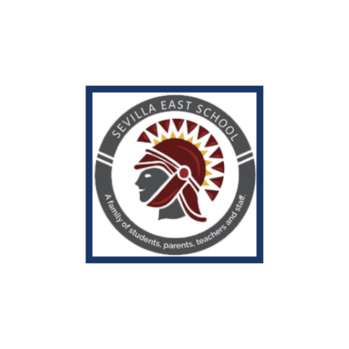 A circular logo featuring a profile of a Roman soldier wearing a helmet, with the text 'SEVILLA EAST SCHOOL' and a tagline about community.