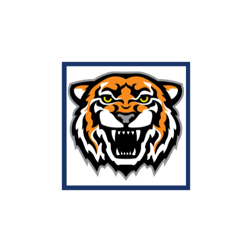 A stylized illustration of a tiger's head, featuring orange and black stripes, fierce green eyes, and bared teeth, set against a white background with a blue border.