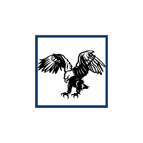 A stylized black silhouette of an eagle with outstretched wings, set against a white background with a blue border.
