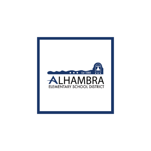 A logo for the Alhambra Elementary School District featuring a stylized image of a bell tower and the text 'ALHAMBRA ELEMENTARY SCHOOL DISTRICT' with the year 'Est. 1900'.