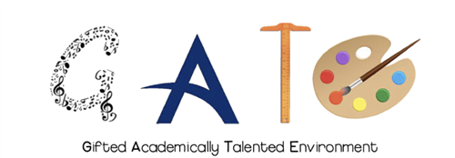 A colorful logo featuring the letters 'G', 'A', 'T', and 'E', with artistic elements like a paint palette and brush, representing a program for gifted and academically talented students.