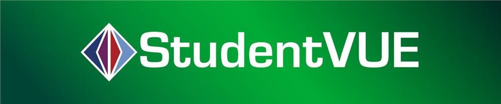 A logo for StudentVUE featuring the name in white text on a green background, accompanied by a diamond-shaped graphic in red and blue.