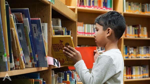 A young boy is standing in a library, reaching for a book on a shelf filled with colorful children's books.