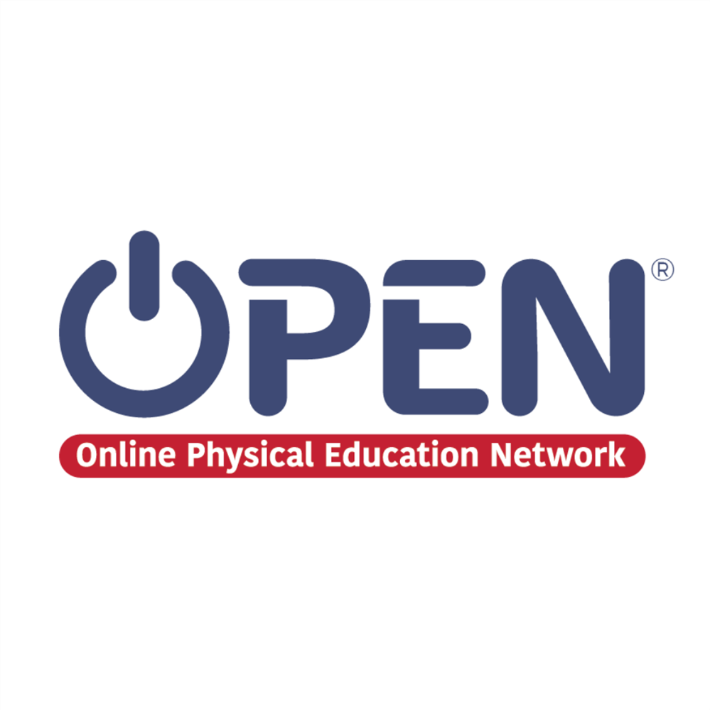A logo featuring the word 'OPEN' in bold blue letters, with a power symbol integrated into the letter 'O', and the phrase 'Online Physical Education Network' in red below.