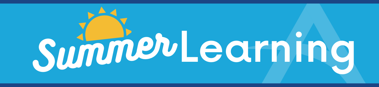 A bright blue banner featuring a sun icon and the text 'Summer Learning' in playful white font.