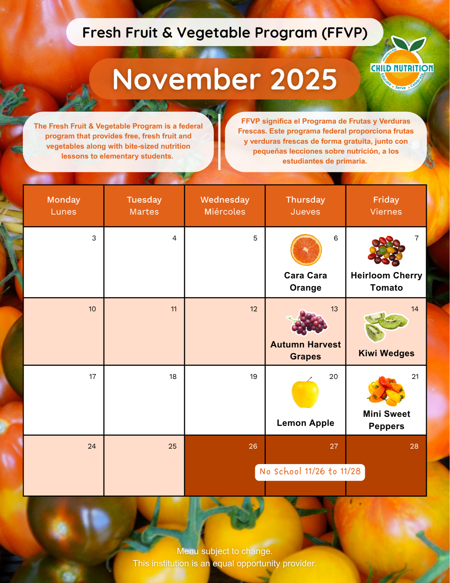 November 2025 Fresh Fruit & Vegetable Calendar