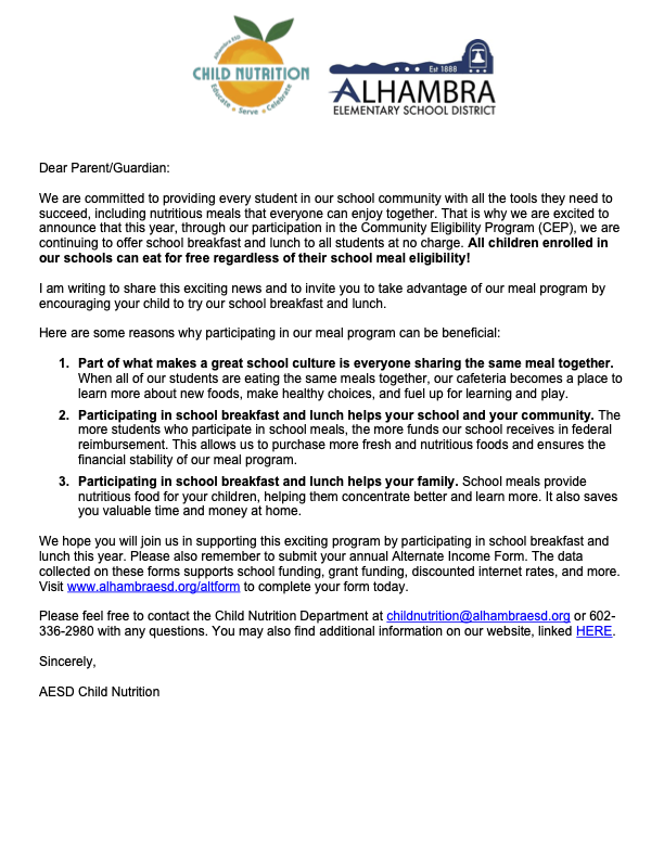 AESD Parent/Guardian Letter About Free Meals in English and Spanish