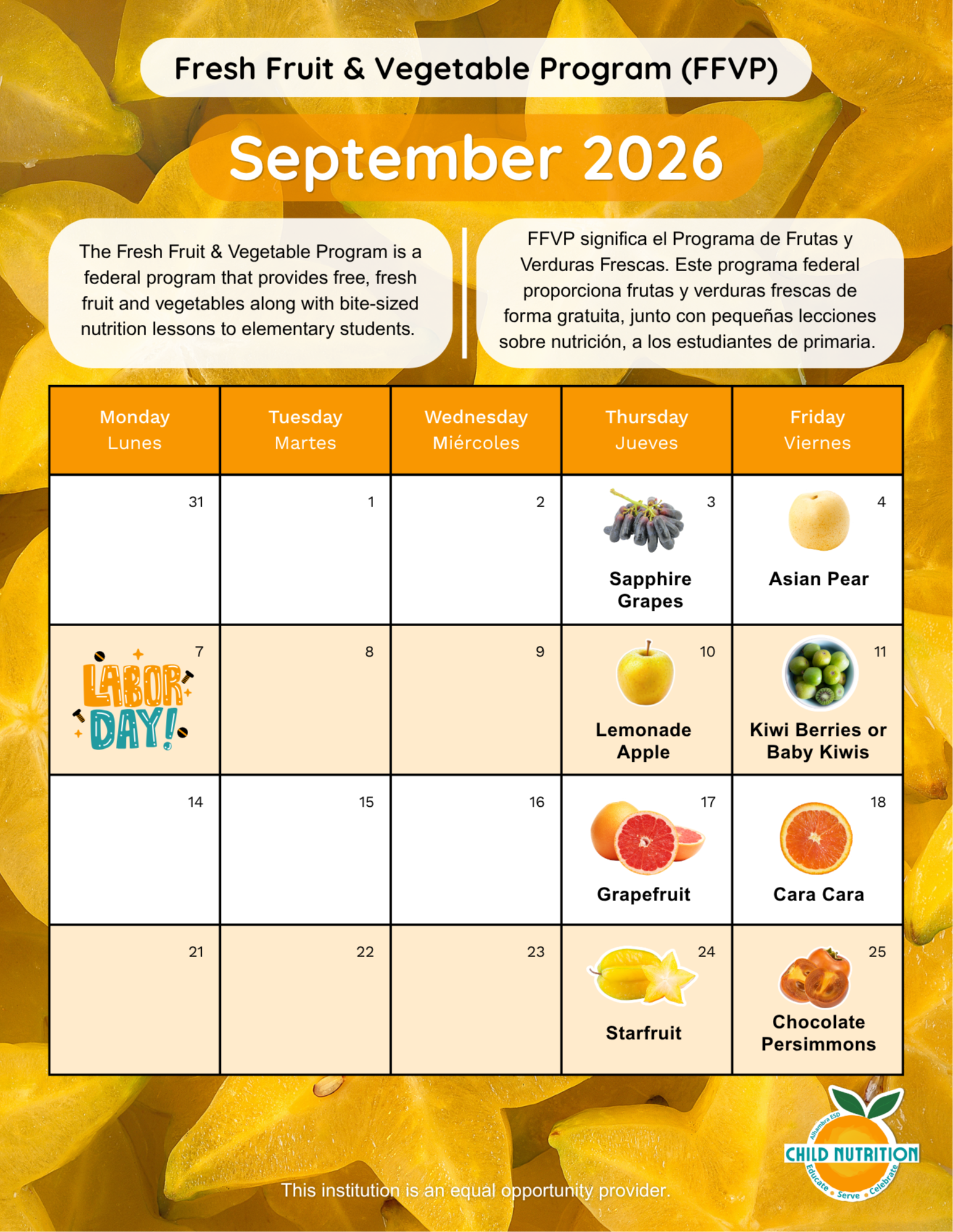 September Fresh Fruit and Vegetable Program (FFVP) Menu