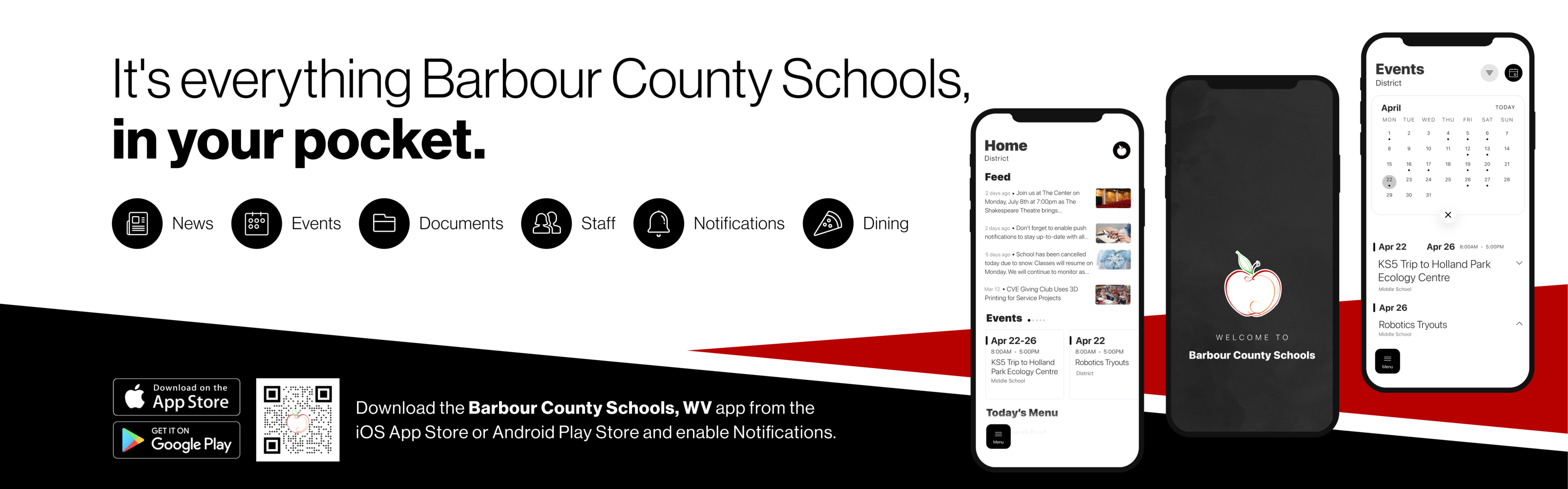 It's everything Barbour County Schools, in your pocket. Download the Barbour County Schools, WV app from teh iOS App Store or Andriod Play Store and enable Notifications. 