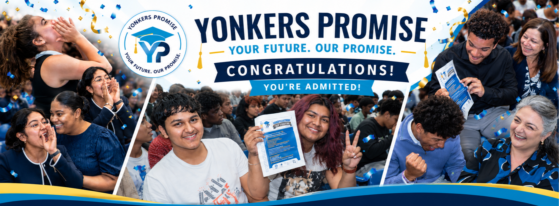 Students celebrate after receiving surprise college admission letters through Yonkers Promise, a partnership creating direct pathways from Yonkers Public Schools to higher education.