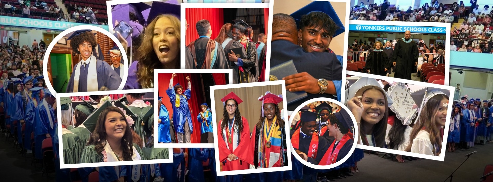 Photos of the members of the Yonkers Public Schools Class of 2026 representing the eight high schools at their commencement ceremonies June 2026
