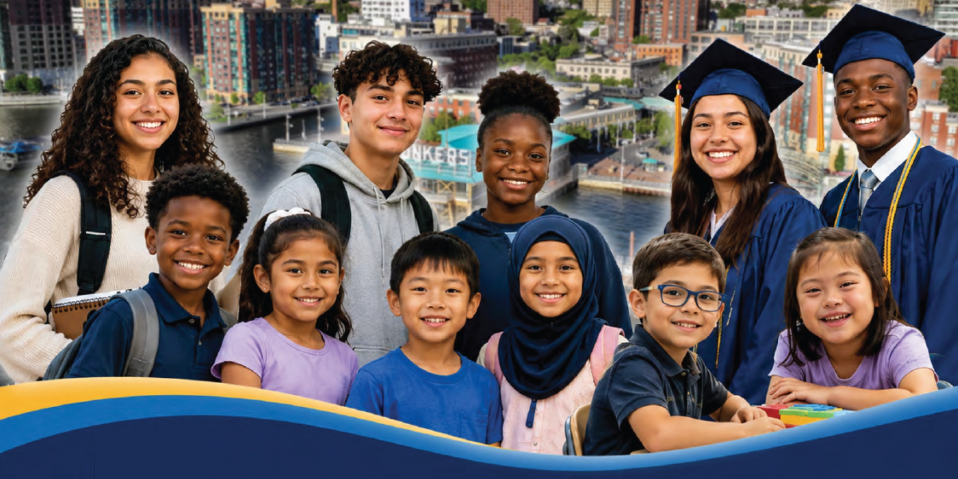 Students of different ages representing the Yonkers Public Schools community in front of the Yonkers skyline.