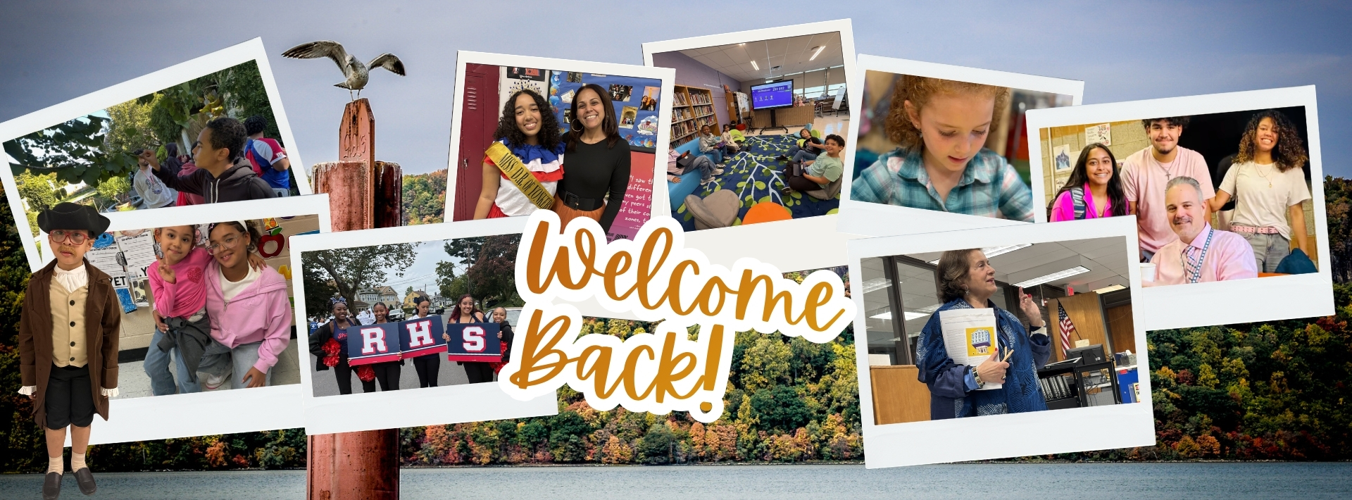 “Welcome Back!” graphic featuring a collage of photographs of Yonkers Public Schools students, staff, and school activities, arranged over a scenic view of the Hudson River at Yonkers, with autumn foliage and a seagull perched on a wooden piling.