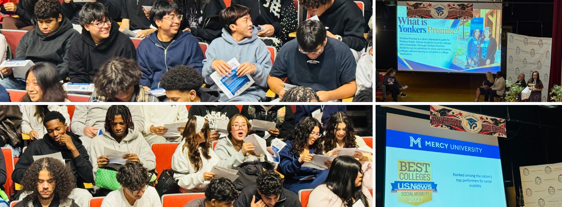 Four-photo collage of Riverside High School students reading information and reacting to presentations about Yonkers Promise and Mercy University