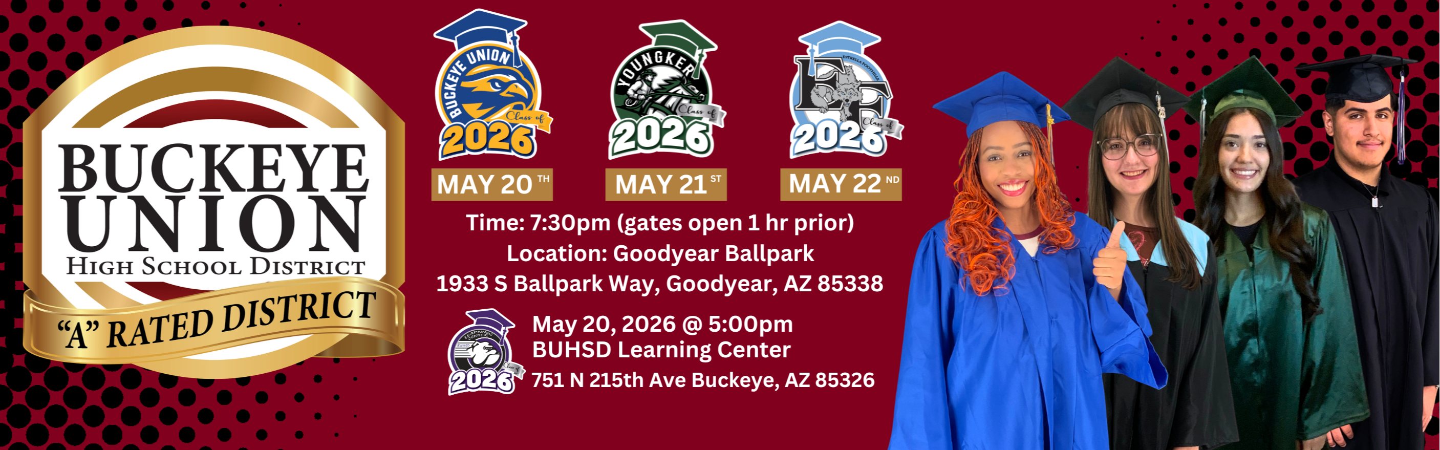 A flyer showing five students in graduation caps and gowns, text reads "Buckeye Union High School District."