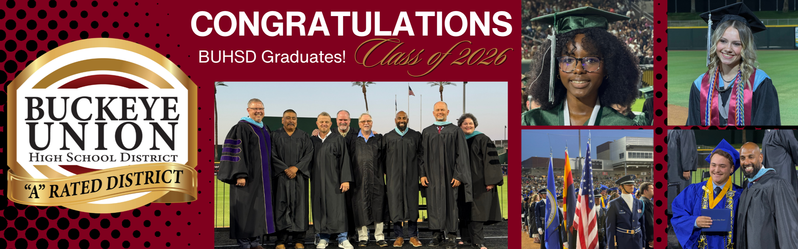 Collage of images with text "Congratulations". A group of men and women in academic regalia and caps.