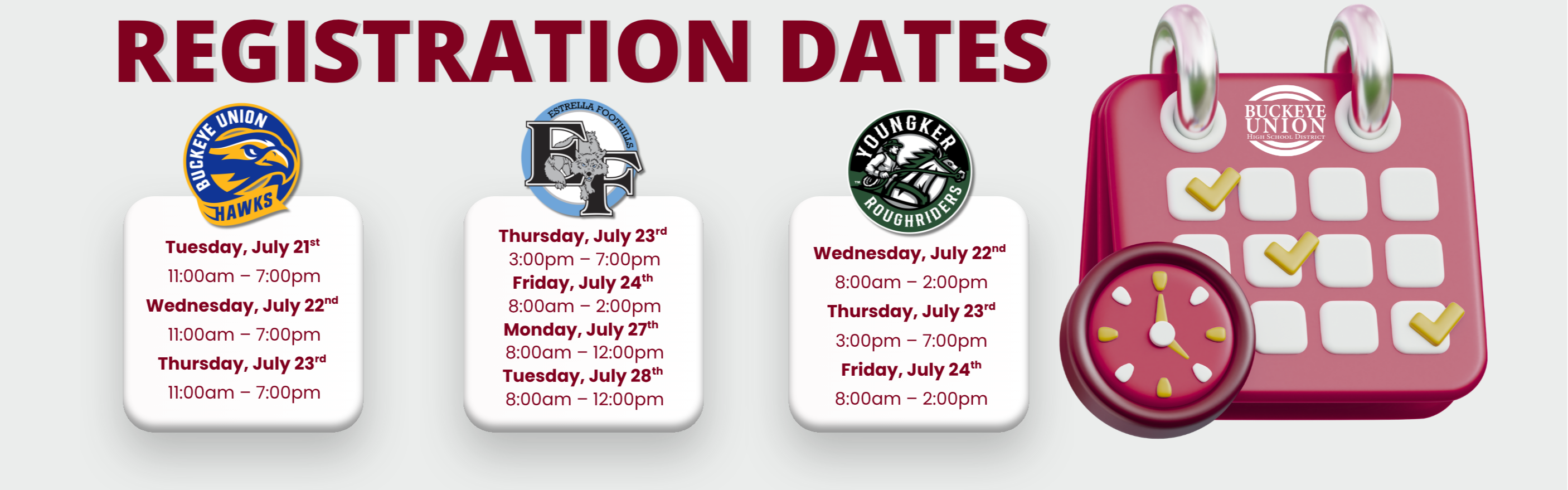 A white background displays text and icons. Icons include a calendar and a clock, both with red accents. Text reads "Registration Dates" with dates and times listed.